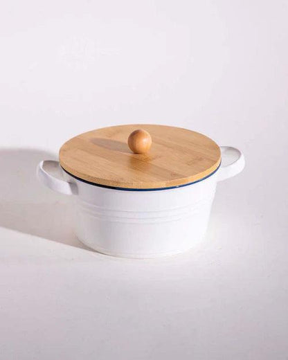 Enameled Buffet Casserole with Wood Lid, White - Medium
