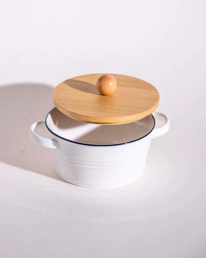Enameled Buffet Casserole with Wood Lid, White - Small
