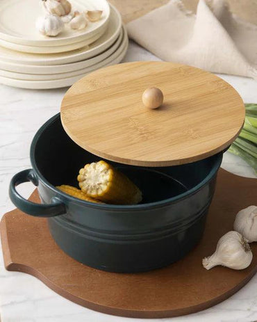 Enameled Buffet Casserole with Wood Lid, Green - Large