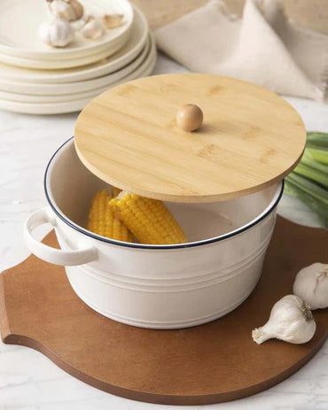 Enameled Buffet Casserole with Wood Lid, White - Large