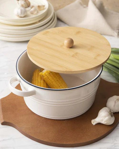 Enameled Buffet Casserole with Wood Lid, White - Large
