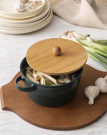 Enameled Buffet Casserole with Wood Lid, Green - Small