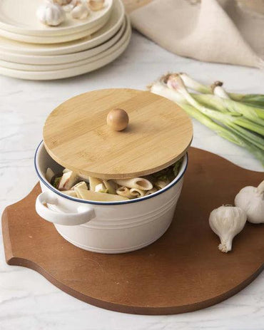 Enameled Buffet Casserole with Wood Lid, White - Small