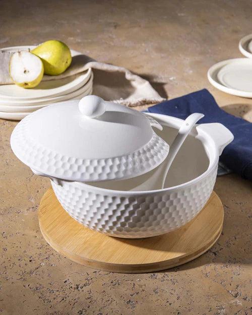 All White Dimple Serving Bowl with Spoon