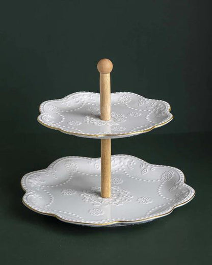 Wave Edge Embossed 2 Tire Cake Stand - White