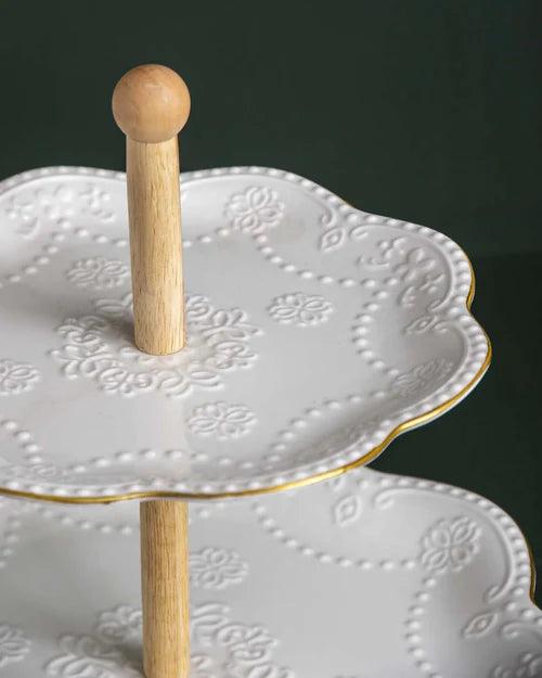 Wave Edge Embossed 2 Tire Cake Stand - White