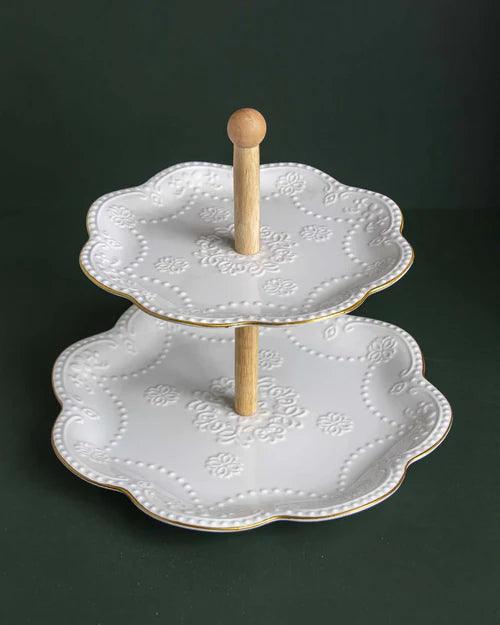 Wave Edge Embossed 2 Tire Cake Stand - White