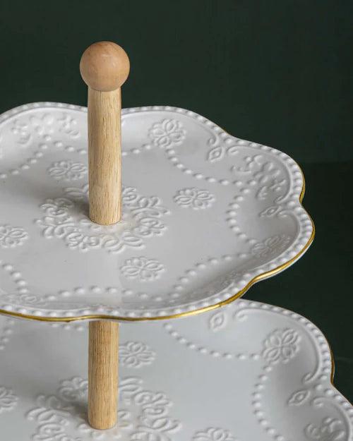 Wave Edge Embossed 2 Tire Cake Stand - White