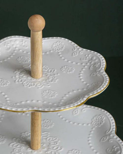 Wave Edge Embossed 2 Tire Cake Stand - White