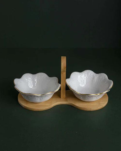 Wavy Edge Embossed Serving Bowls With Wooden Stand - White