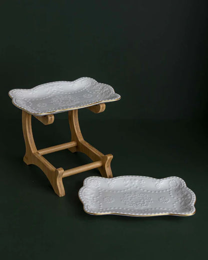 Wavy Edge 2 Tire Serving Platter With Wooden Stand - White