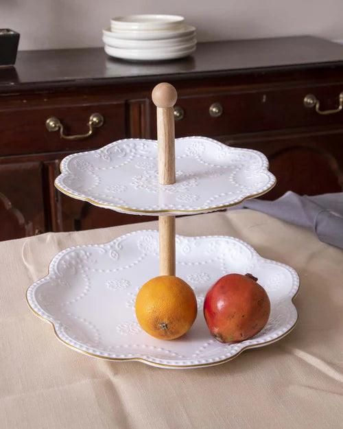 Wave Edge Embossed 2 Tire Cake Stand - White