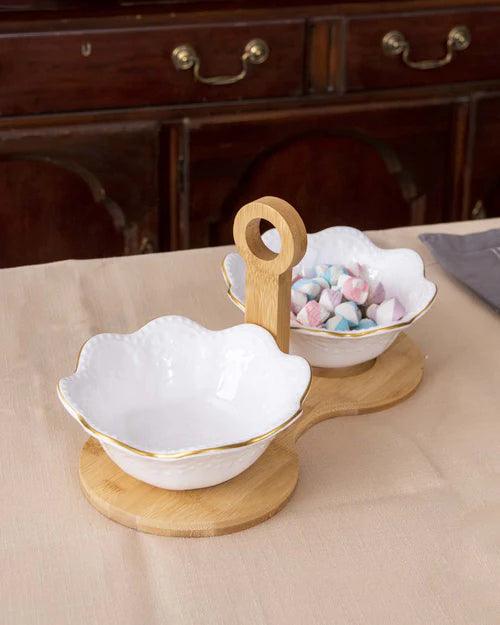 Wavy Edge Embossed Serving Bowls With Wooden Stand - White