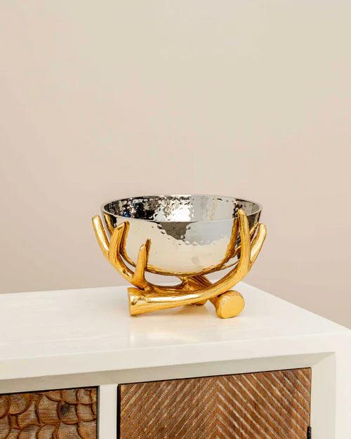 Metallic Silver Bowl With Rustic Gold Twig Stand - Large