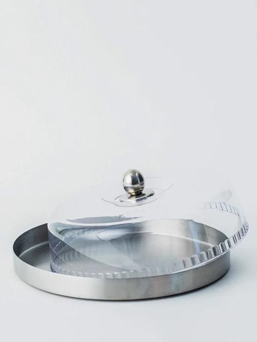 Silver Stainless Steel Cake Plate with Glass Dome
