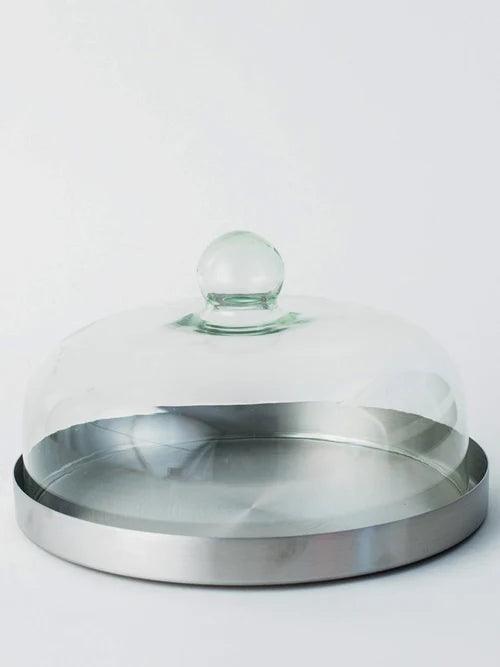Silver Stainless Steel Cake Plate with Glass Dome