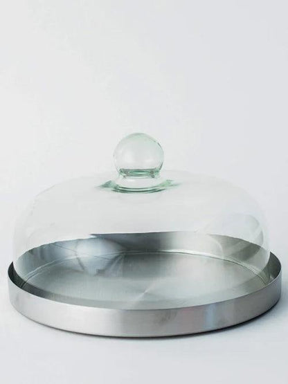 Silver Stainless Steel Cake Plate with Glass Dome