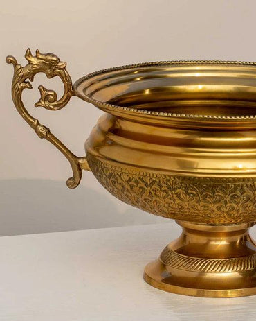 Embossed Round Brass Bowl with Handle - 10"
