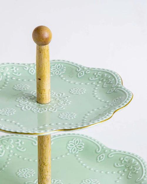 Wave Edge Embossed 2 Tire Cake Stand - Green