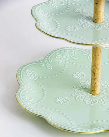 Wave Edge Embossed 2 Tire Cake Stand - Green