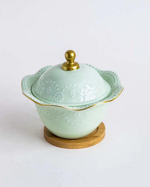 Wavy Edge Dessert Bowl With Lid - Green