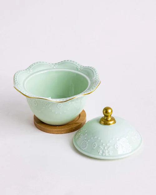 Wavy Edge Dessert Bowl With Lid - Green