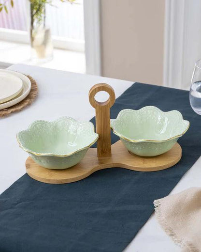 Wavy Edge Embossed Serving Bowls With Wooden Stand - Green