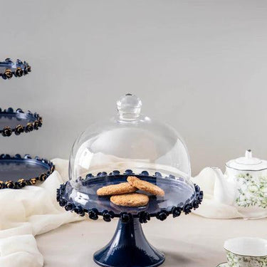 'Roselace' Navy Blue Pedestal Cake Stand with Glass Dome