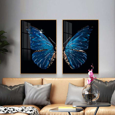 2 Panels Blue Butterfly Painting Modern Wall Art - Crystal Porcelain Painting with Glass Frame (Size: 40602 cm)