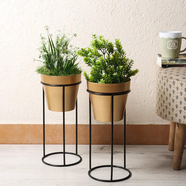 Big Pot Shape Planter With Stand Black & Gold Set Of 2