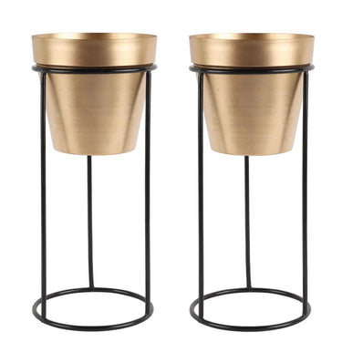 Big Pot Shape Planter With Stand Black & Gold Set Of 2