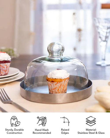 Silver Stainless Steel Cake Plate with Glass Dome