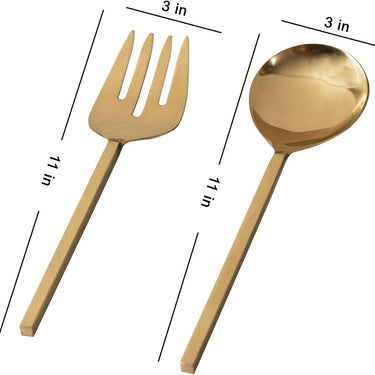 Serving Spoon & Salad Server Fork with Long Handle Set of 2 for Dining Table/Kitchen | 1 Serving Spoon, 1 Salad/Noodles Spoon Stainless Steel - Daily Home, Party or Restaurant Use(Gold)