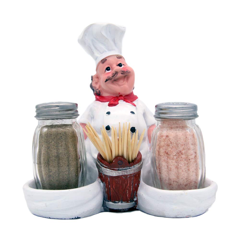 FAT CHEF SALT & PEPPER SHAKERS WITH TOOTH PICK HOLDER
