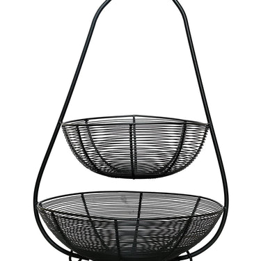 2 Tier Fruit Vegetable Basket with Wooden Handle for Kitchen Dining Table Black Iron Basket