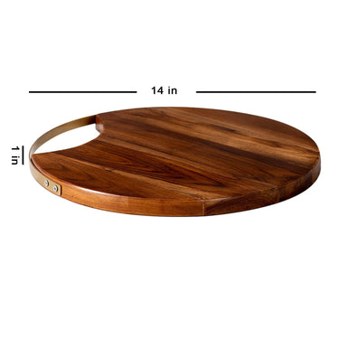 Wooden Platter Serving Plate sizzler Plate for Snacks | Round platters for Snacks Serving Plates Wooden Tray with Gold Iron Handle