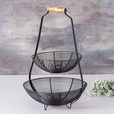 2 Tier Fruit Vegetable Basket with Wooden Handle for Kitchen Dining Table Black Iron Basket