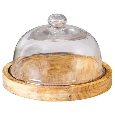 Cake Stand with dome glass Wooden Round Cake Stand | Round Cake Cutting holder for Surprise multipurpose platter cake pastry pizza Brown