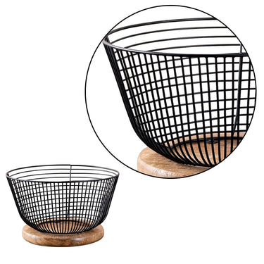 Fruit Basket Kitchen Stand vegetable basket rack stand for kitchen | Round Net baskets for storage Metal basket fruit stand storage baskets with wooden round base design (BLACK)