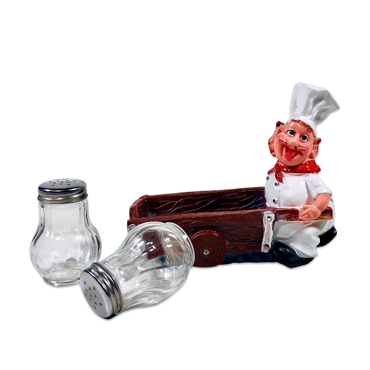 LAUGHING CHEF PUSHING TROLLEY SALT AND PEPPER SHAKER HOLDER