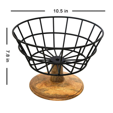 Fruit Basket Kitchen Stand vegetable basket rack stand for kitchen | Round Net baskets for storage Metal basket fruit stand storage baskets with wooden base stand (BLACK)