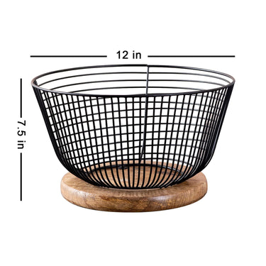 Fruit Basket Kitchen Stand vegetable basket rack stand for kitchen | Round Net baskets for storage Metal basket fruit stand storage baskets with wooden round base design (BLACK)