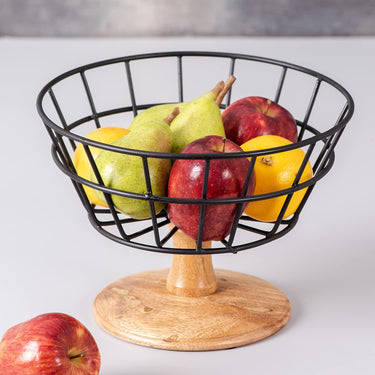 Fruit Basket Kitchen Stand vegetable basket rack stand for kitchen | Round Net baskets for storage Metal basket fruit stand storage baskets with wooden base stand (BLACK)