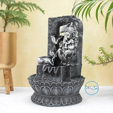 LORD GANESHA RESTING WATER FOUNTAIN : 37 CM, BLACK-SILVER