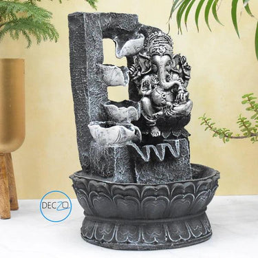 LORD GANESHA RESTING WATER FOUNTAIN : 37 CM, BLACK-SILVER