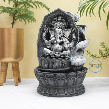 GANESHA SITTING ON LOTUS WATER FOUNTAIN : 37 CM, BLACK-SILVER