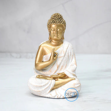 LORD BUDDHA IN BLESSING MUDRA STATUE FOR HOME, GIFT: 14 CM, GOLDEN-WHITE