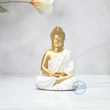 LORD BUDDHA IN DHYANA MUDRA STATUE FOR HOME, GIFT: 14 CM, GOLDEN-WHITE