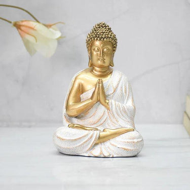 LORD BUDDHA IN NAMASTE MUDRA STATUE FOR HOME, GIFT: 14 CM, GOLDEN-WHITE