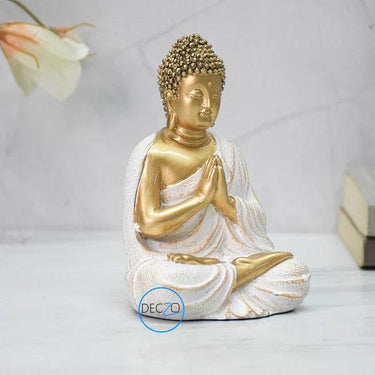 LORD BUDDHA IN NAMASTE MUDRA STATUE FOR HOME, GIFT: 14 CM, GOLDEN-WHITE